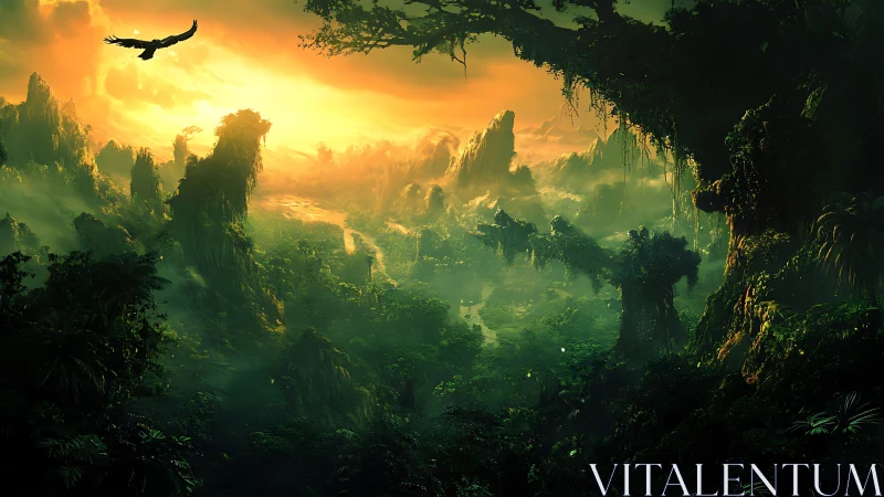 Lush alien jungle valley under vivid golden sunset sky