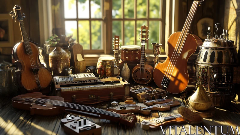 Vintage string instruments glow in warm window light.