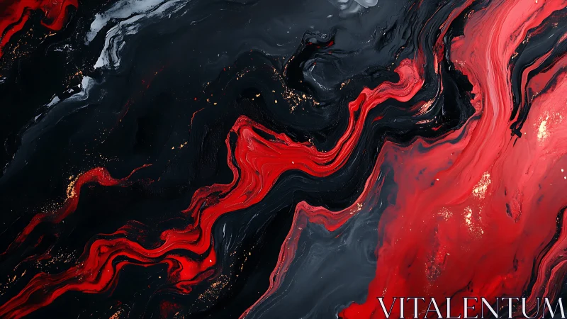 Red and black fluid abstract pattern with gold highlights.