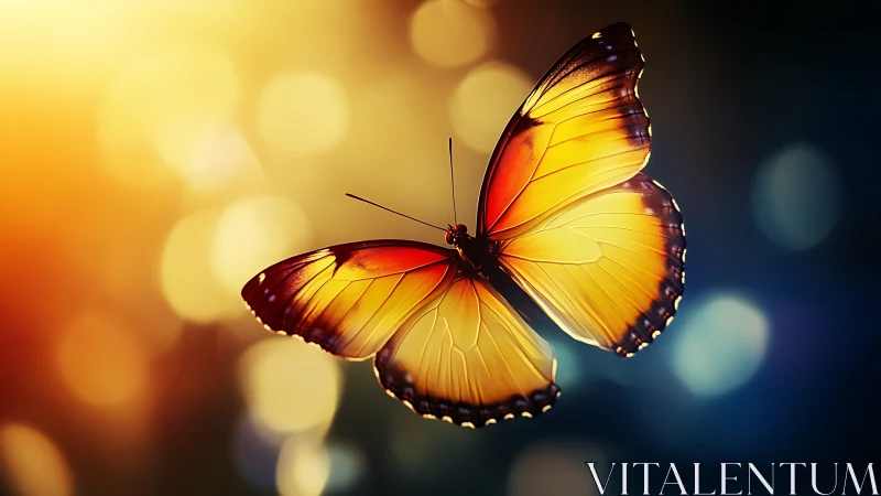 Golden butterfly glows against dreamy bokeh lights.