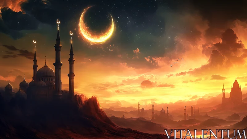 Crescent moon over mystical desert minarets at dusk.