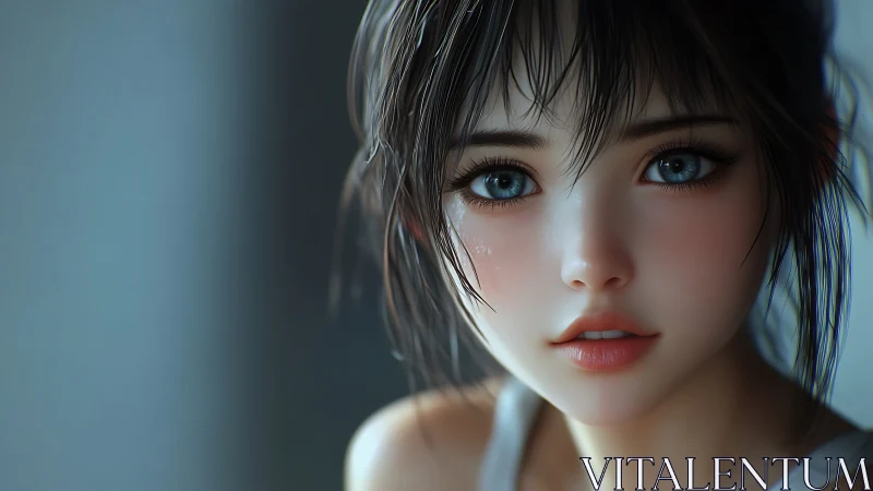 Soft morning gaze of a blue-eyed anime girl in quiet light.