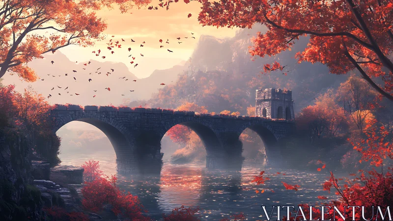 Stone bridge spans autumn river beneath distant misty mountains