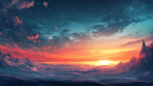 Celestial sunrise over alien cloud ocean in vivid color.