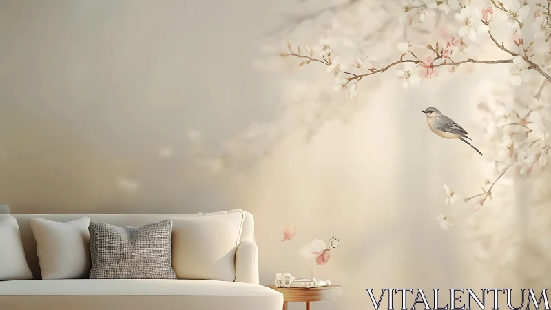 Neutral interior scene shows sofa beneath blossom mural wall