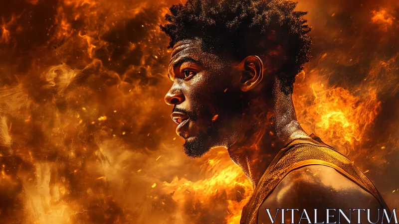 Basketball player portrait amid explosive fiery energy field.