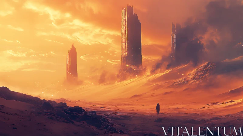 Desert wanderer before burning monolithic ruins at dusk.