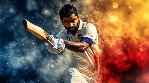 Cricket batsman drives ball through explosive color clouds