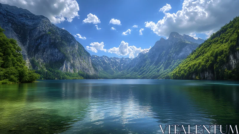 Mountain lake reflects dramatic peaks beneath a bright sky