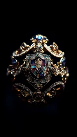Jeweled royal crest ring glows dramatically against darkness