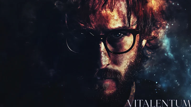 Dark intense portrait of bearded man with glasses in smoke