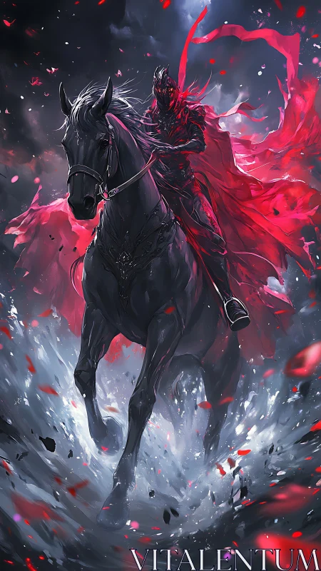 Dark knight on warhorse amid crimson tempest charge.