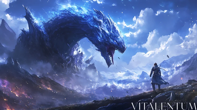 Colossal ice dragon confronts lone warrior in turbulent alpine sky