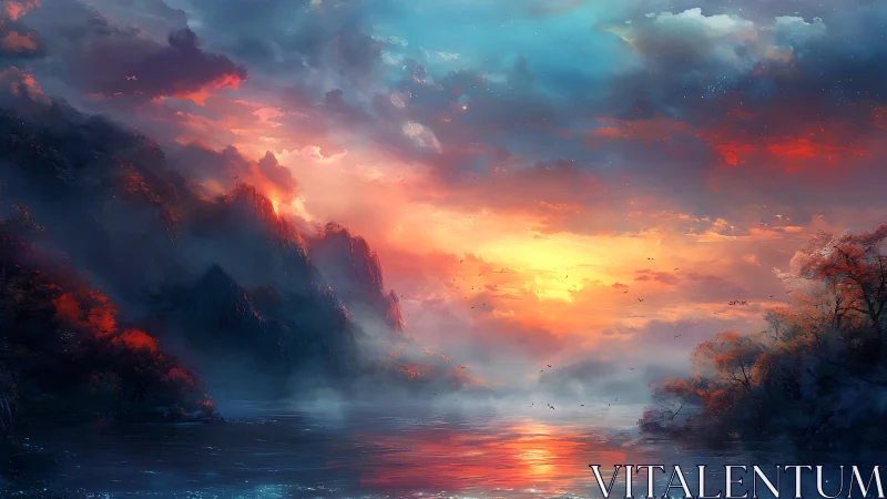 Skyfire over misted fjords at the dreaming water’s edge.