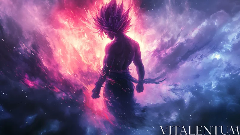 Cosmic anime warrior ignites nebula sky with energy storm.