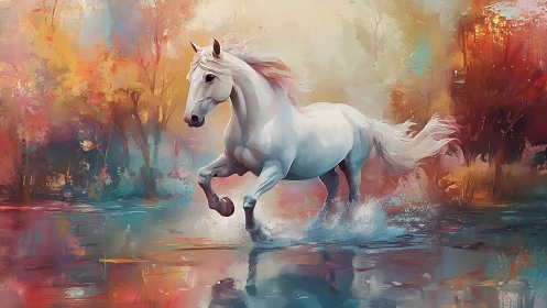 Dynamic white stallion in impressionistic river landscape painting.