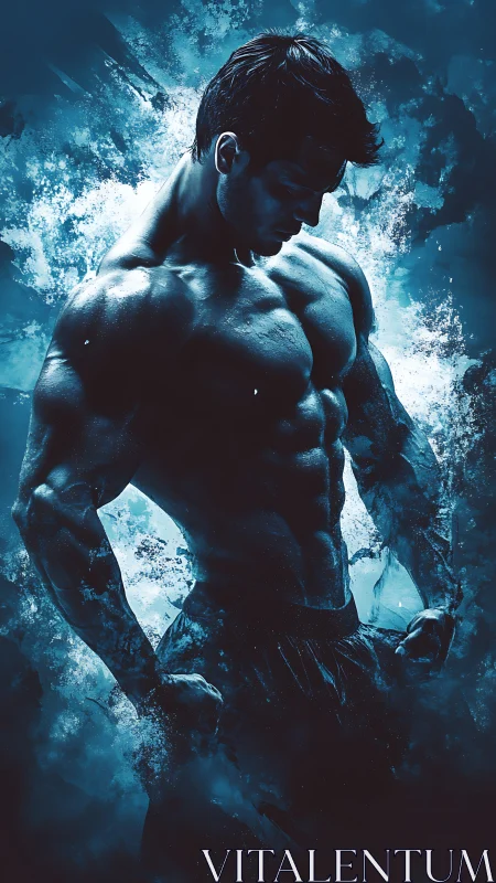 Blue-lit muscular male figure in dynamic digital silhouette.