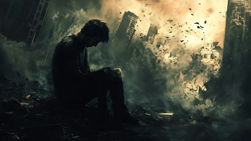Solitary survivor broods as a crumbling city dissolves in ash.