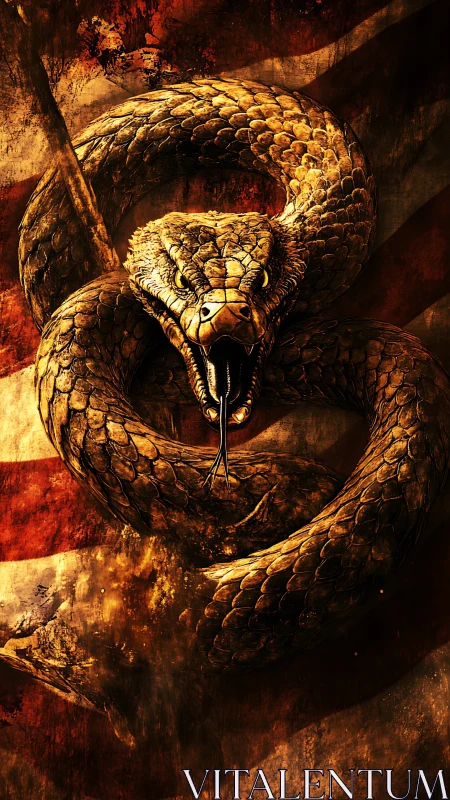 Coiled golden serpent roaring over a scorched battle flag.