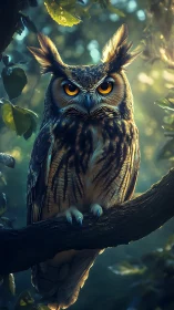 Moonlit forest sentinel with ember-bright owl eyes poised.