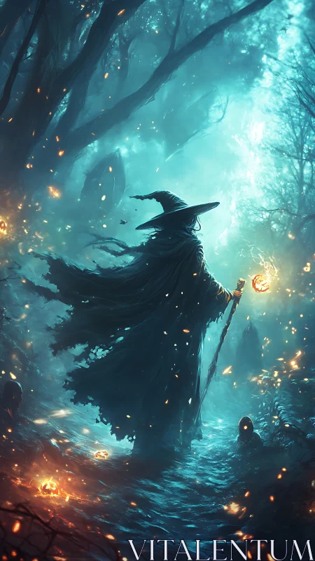 Wandering wizard walks a glowing forest path under sparks