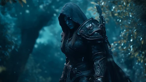 Hooded dark ranger in ornate armor within misty blue forest.