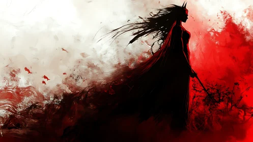 Crimson queen strides through swirling shadows and light