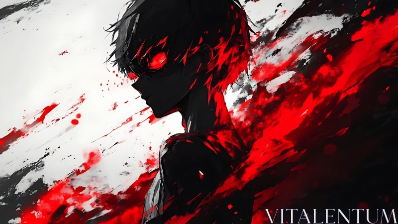 Crimson eyed silhouette in explosive red ink burst.