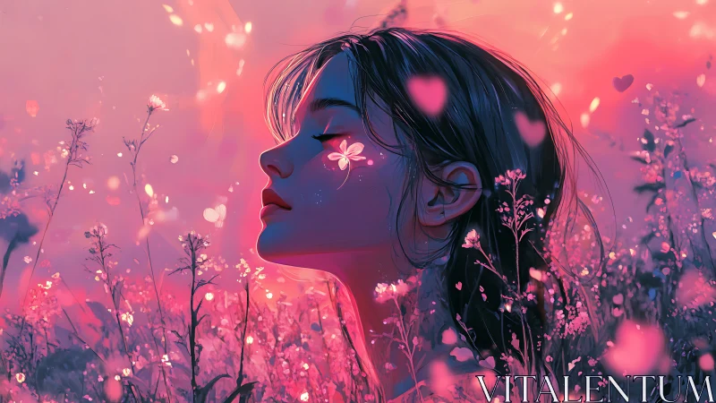 Dreamlit girl adrift in a heart-soaked twilight meadow.