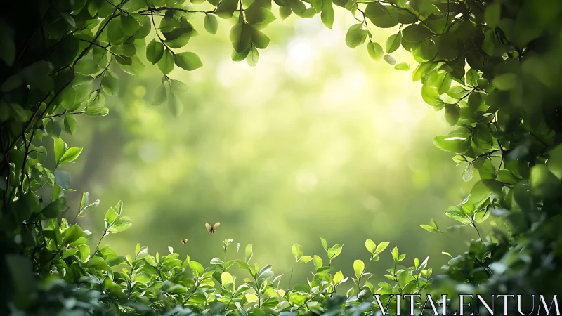 Sunlit Garden Frame with Green Foliage and Bokeh Light