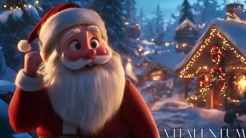 3D stylized Santa Claus in snowy illuminated Christmas village