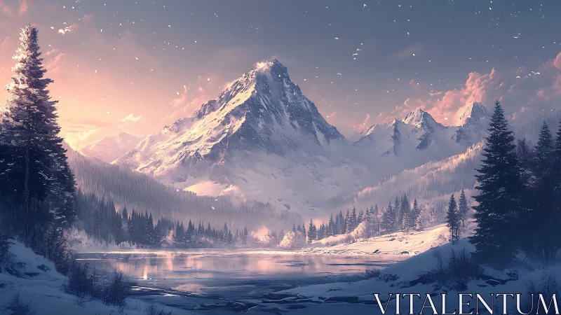 Digital painting of alpine winter lake under rosy dusk light.