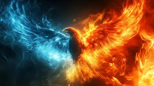 Majestic Phoenix in Fiery and Icy Fantasy Art Style.