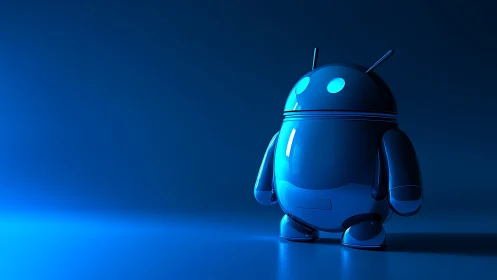 Glossy blue robot mascot on gradient background.