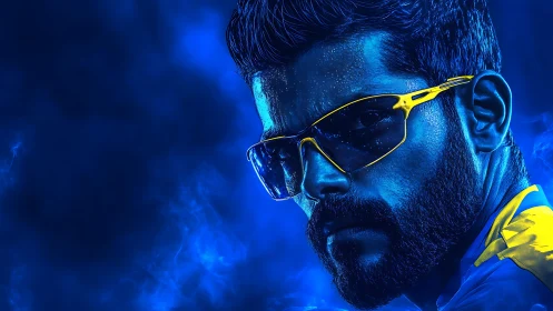 Intense blue portrait shows stoic man in neon yellow glasses
