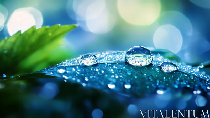 Macro dew on leaf surface under cool bokeh illumination