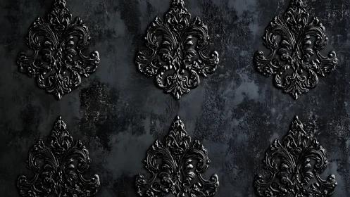 Baroque black damask relief on distressed matte wall surface.