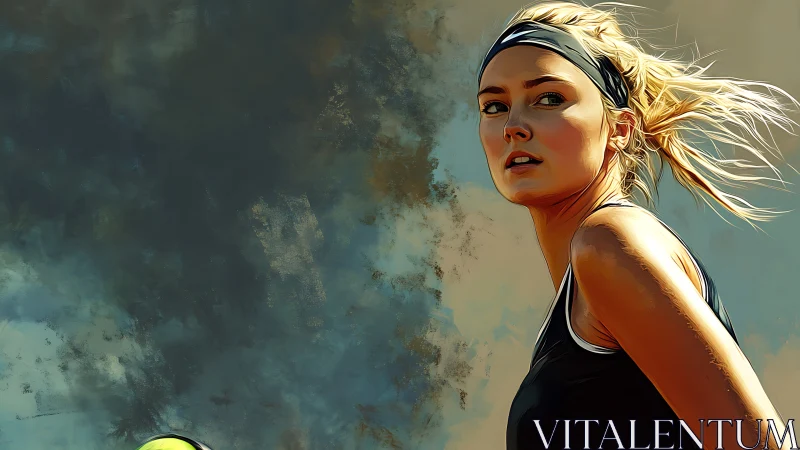 Digital painting portrait of female tennis player in motion.