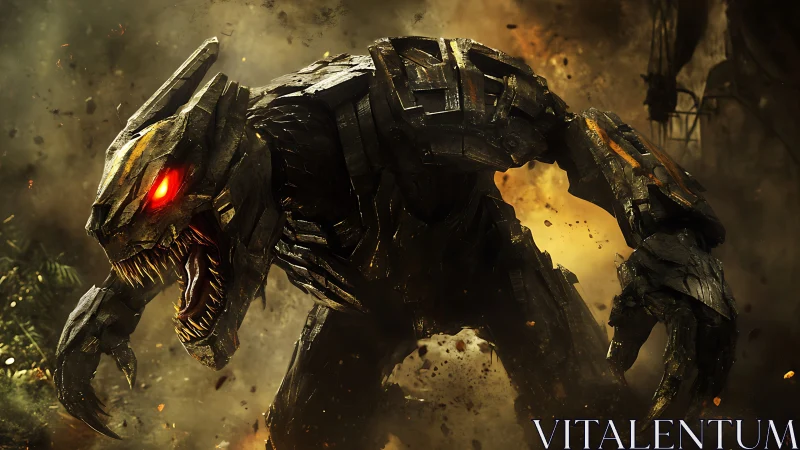 Armored mechanical beast charges through burning battlefield