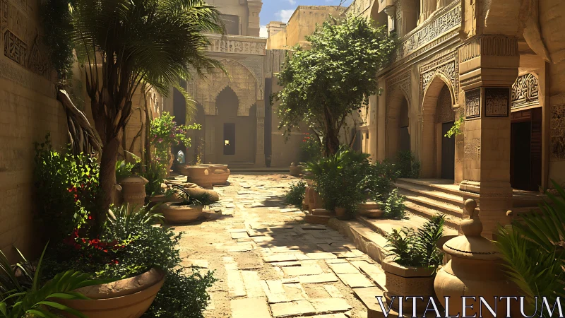 Sunlit courtyard garden within ornate desert architecture.