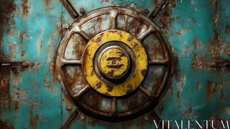 Rusty circular metal hatch on distressed turquoise door.