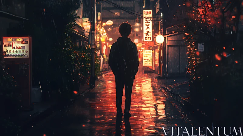Silhouette stands in wet alley under neon lights at night
