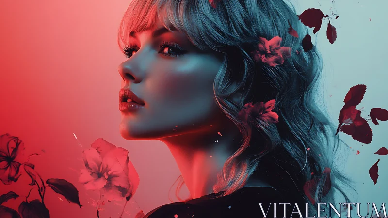 Digital portrait with neon lighting and floral fragments.