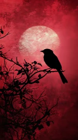 Silhouetted bird on gnarled branch before textured red moon.