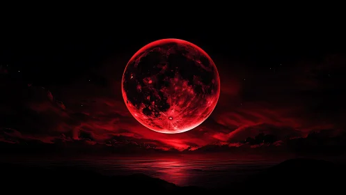Blood-red moon ignites a nocturnal ocean horizon. Period.