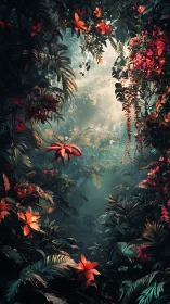 Luminous jungle portal of scarlet blooms and hidden mist.