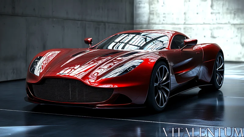Sleek red sports car glows with power in a modern showroom
