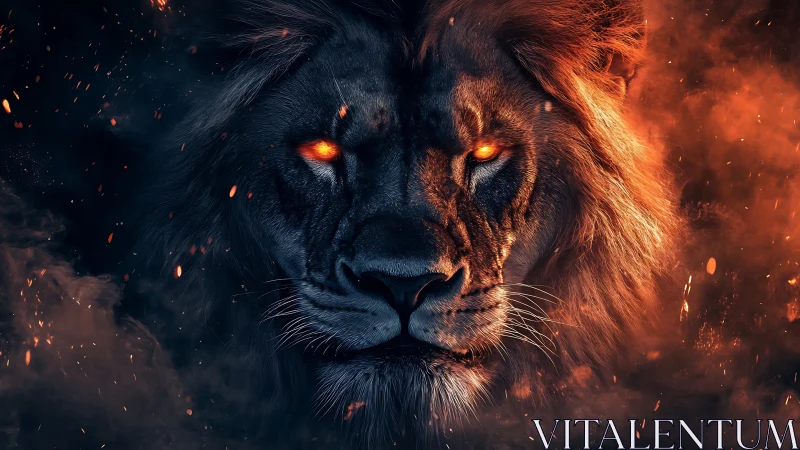 Fierce ember-eyed lion emerging through swirling fire and smoke.