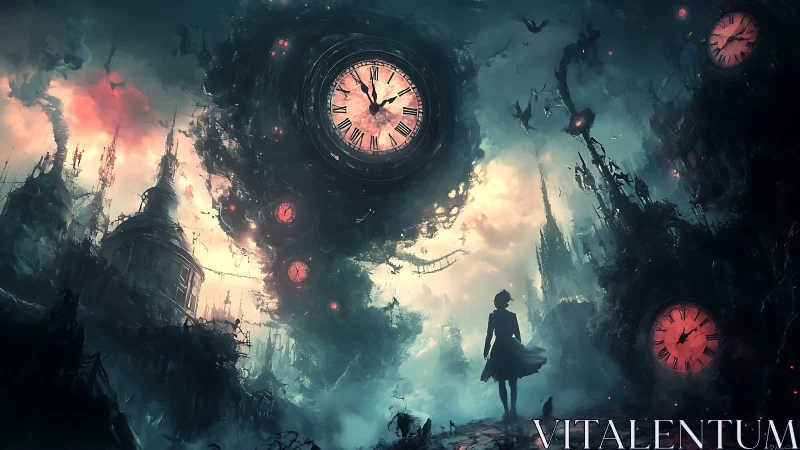 Girl beneath fractured sky of colossal burning clocks.