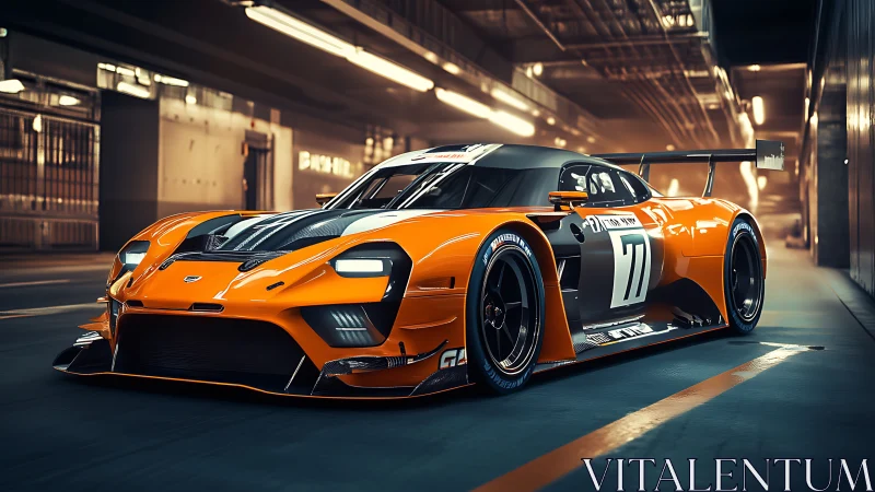 Photorealistic orange GT race car in cinematic tunnel lighting.